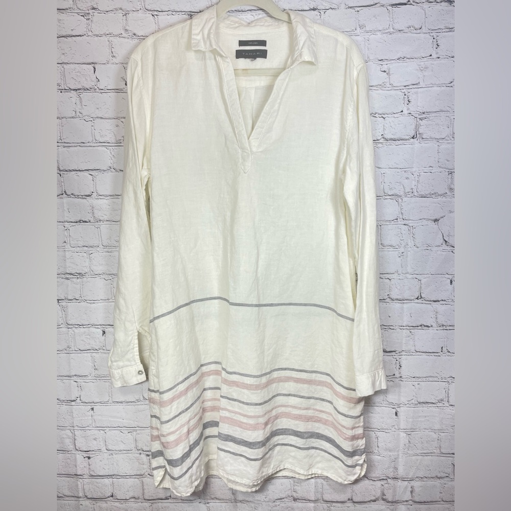 Tahari 100% Linen Shirt Dress 1/4 Button Down Off White With Stripes